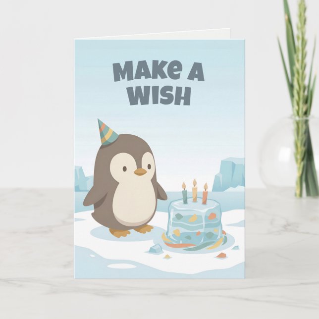 Penguin Birthday | Make a Wish | Custom Birthday Kort (Framsida)