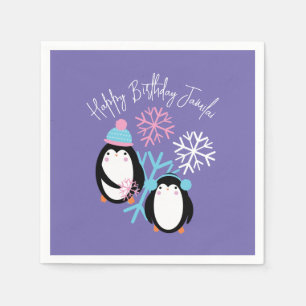 Penguin Birthday Snöflingor Rosa Blue Winter Party Pappersservett