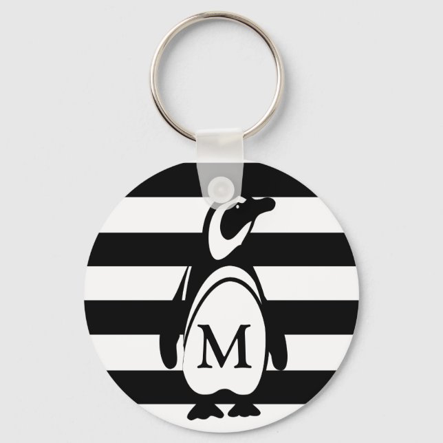 Penguin Black and White Stripe Monogram Nyckelring (Framsida)