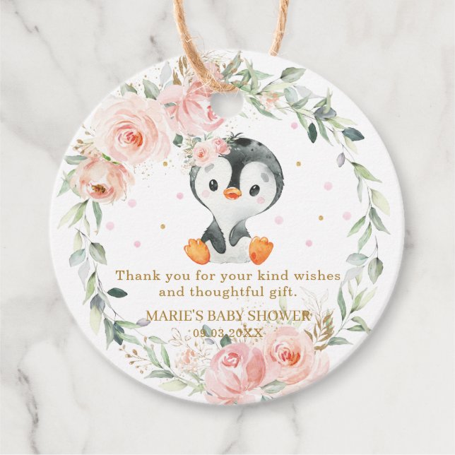 Penguin  Blommigt Baby Shower-Födelsedagsfest Gåvor Etiketter (Framsida)