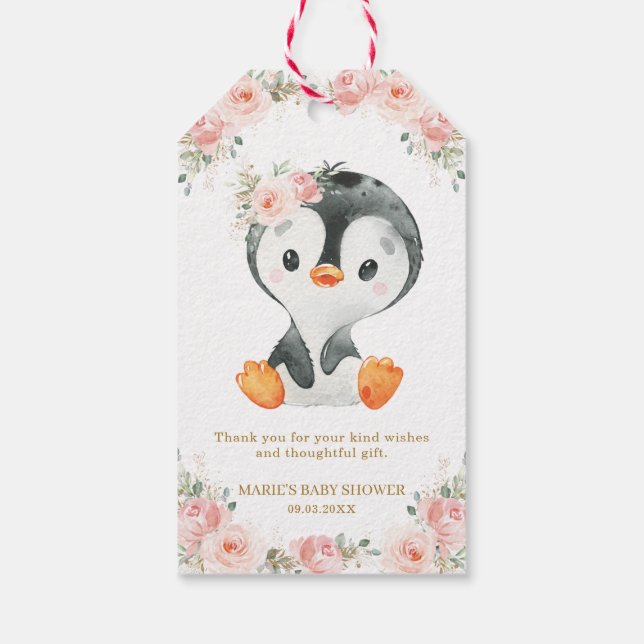 Penguin  Blommigt Baby Shower Födelsedagsfest Gi Presentetikett (Baksidan)