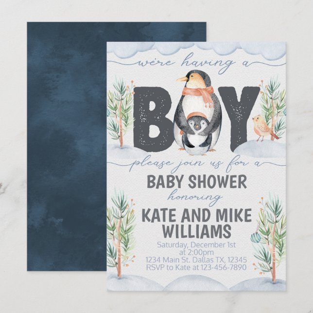 Penguin Boy Shower-inbjudan till Inbjudan (Fram/baksida)