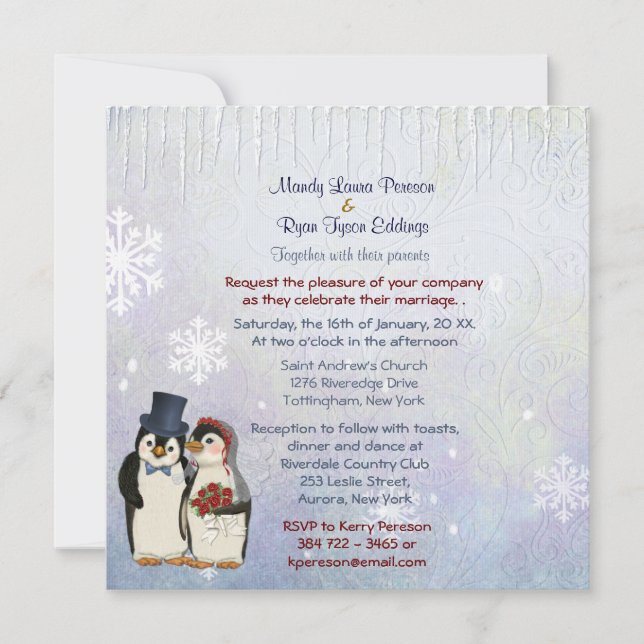 Penguin Bride och Groom Wedding Square Inbjudningar (Framsida)