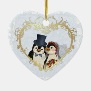 Penguin Bröllop Heart - Anpassa tillbaka text Julgransprydnad Keramik