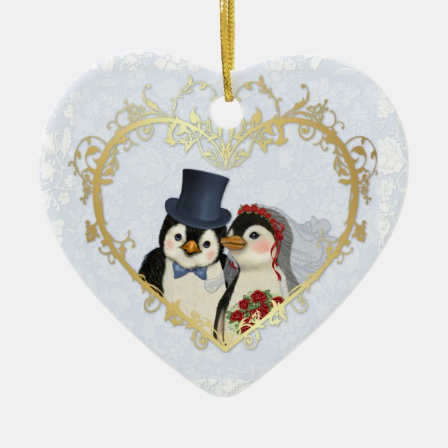 Penguin Bröllop Heart - Anpassa tillbaka text Julgransprydnad Keramik (Framsidan)
