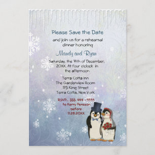 Penguin Bröllop Snöflingor Rehearsal Dinner Inbjud Spara Datumet