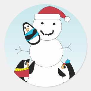 Penguin Byggnad a Snögubbe Sticker Runt Klistermärke