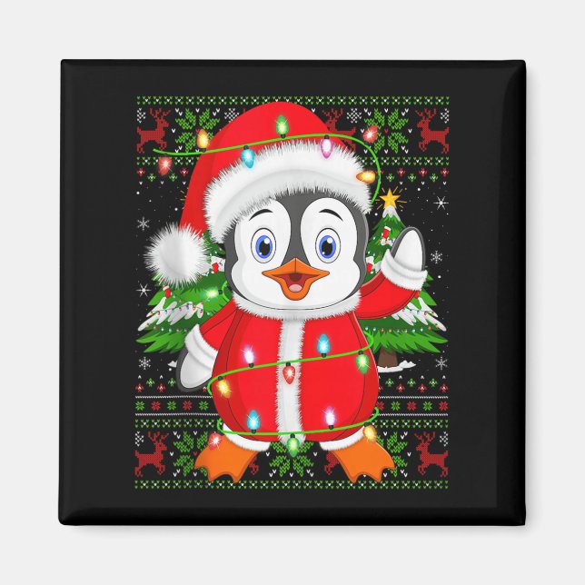 Penguin Christmas Lights Santa Costume Ugly Xmas S Magnet (Framsidan)