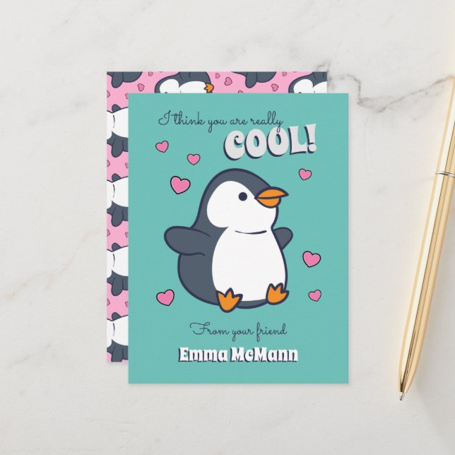 Penguin Classroom Valentine Cute Kids Card Vykort (Fram/Back In Situ)