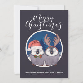Penguin Couple Cute Santa and Reindeer jul Julkort