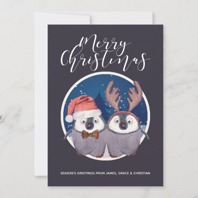 Penguin Couple Cute Santa and Reindeer jul Julkort (Framsida)