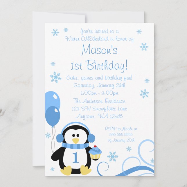 Penguin Cupcake Swirls Vinter Onederland Blå Inbjudningar (Framsida)