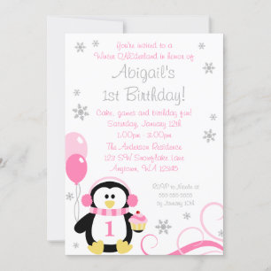 Penguin Cupkaka Swirls Winter Onederland Rosa Gråt Inbjudningar