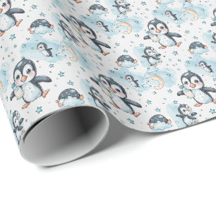 Penguin Cute Baby Pastel Watercolor Mönster Presentpapper