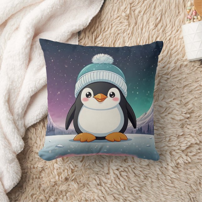 Penguin Cute Kawaii Blue Cap Skriv ut Kudde (Filt)