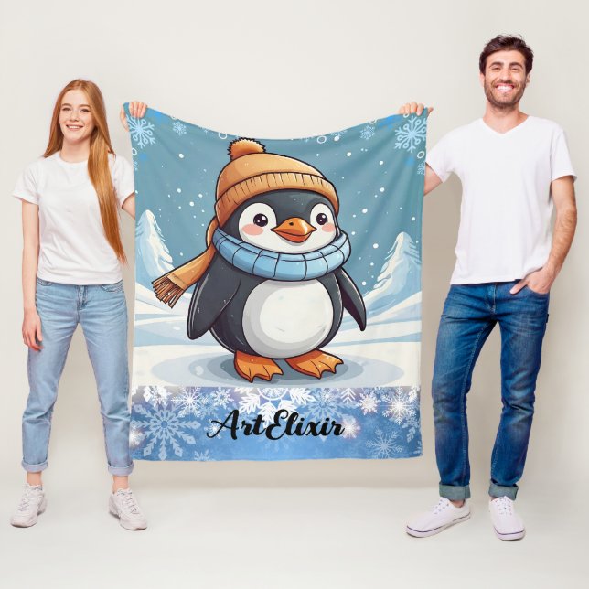 Penguin Cute Kawaii Brown Cap Skriv ut Fleecefilt (På plats)