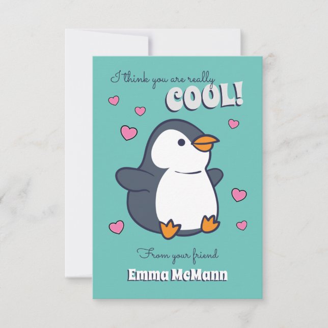Penguin Cute Kids Classroom Valentine Card Tack Kort (Framsida)