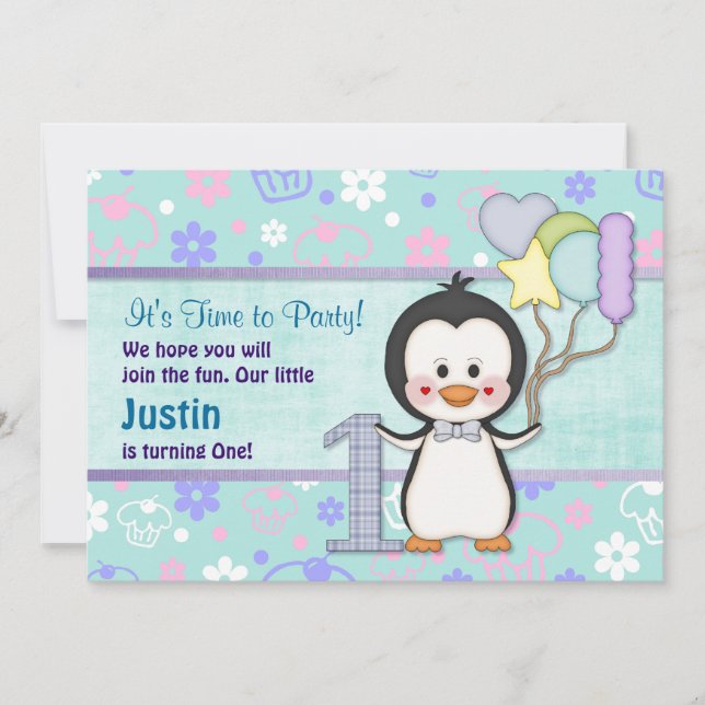 Penguin Cutie- Boy First Birthday Inbjudningar (Framsida)
