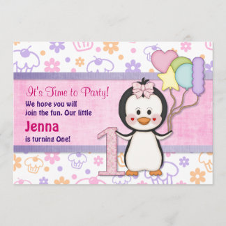 Penguin Cutie- Girl First Birthday Inbjudningar