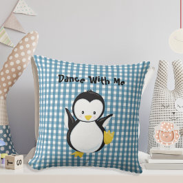 Penguin Dancing Blue Play Gingham Personlig Kudde