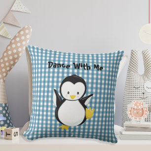Penguin Dancing Blue Play Gingham Personlig Kudde