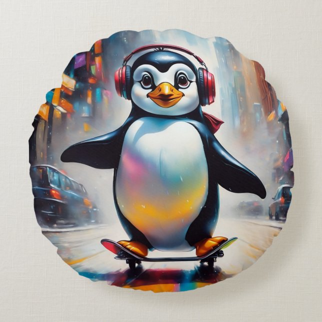 Penguin Digital Art Painting Coola Rund Kudde (Framsidan)
