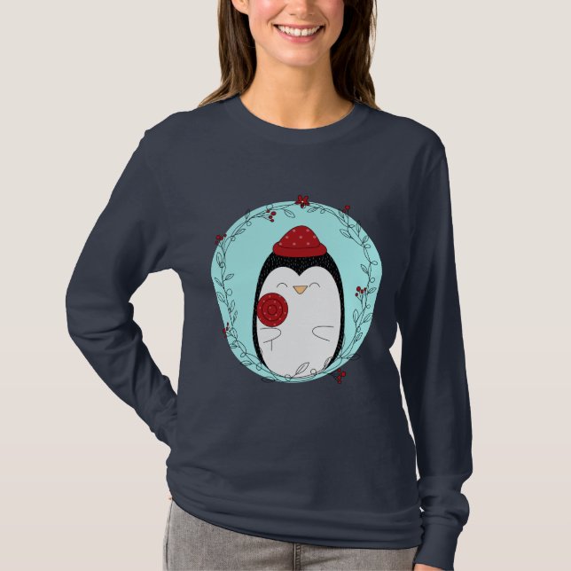 Penguin Doodle Blue Background T Shirt (Framsida)