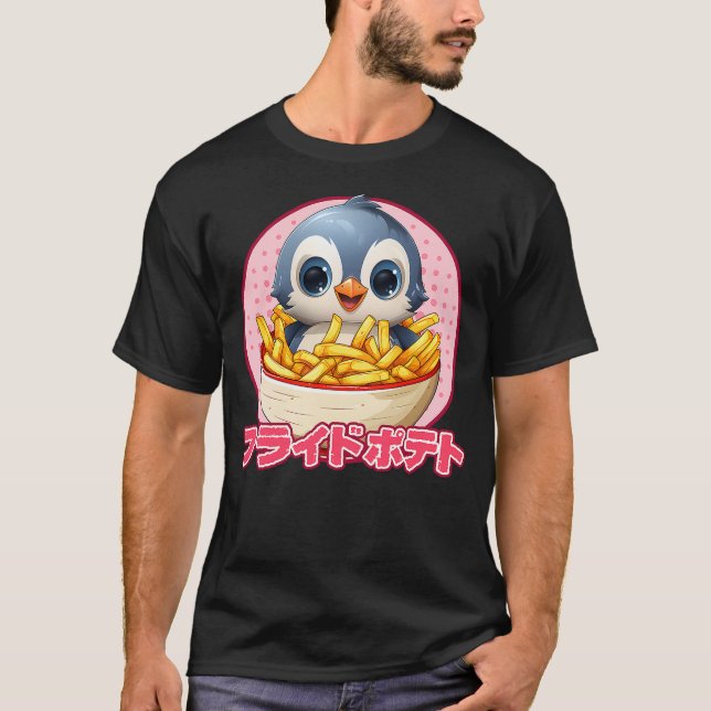 Penguin Eating French Fries Kawaii Penguin Anime T T Shirt (Framsida)