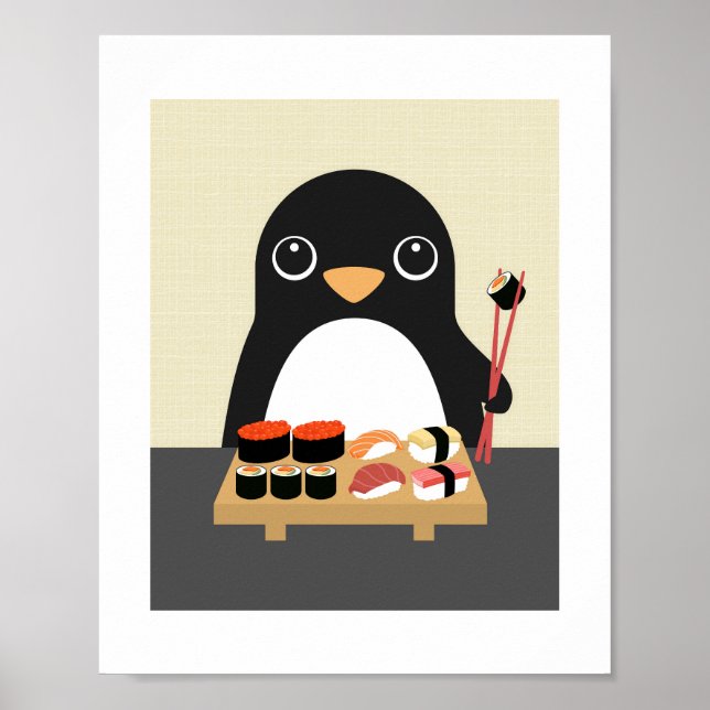 Penguin Eating Sushi Poster Skriv ut (Framsidan)