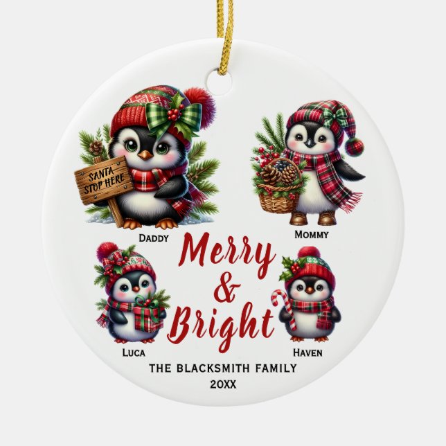 Penguin-familjen med fyra keramiska prydnadsföremå julgransprydnad keramik (Framsidan)