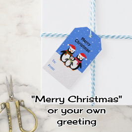Penguin-familjens redigerbara text blå jul presentetikett