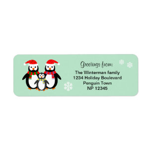 Penguin-familjens redigerbara text teal-juletikett returadress etikett