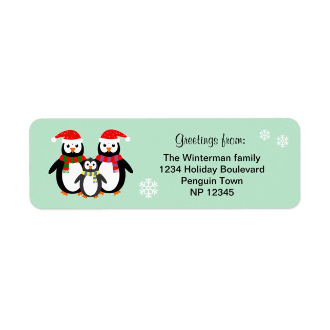 Penguin-familjens redigerbara text teal-juletikett returadress etikett (Framsidan)