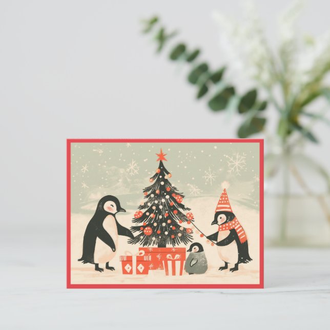 Penguin Family Decorating Christmas Tree Helg Vykort (Stående Fram)