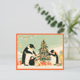 Penguin Family Decorating Christmas Tree Postcard Helg Vykort