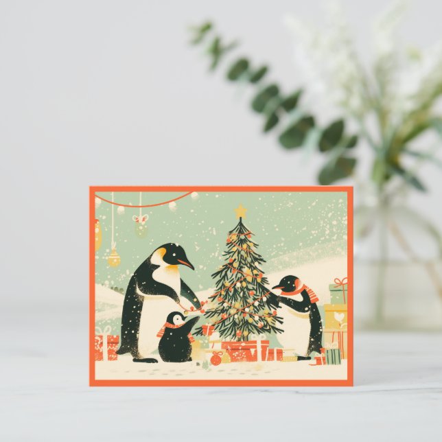 Penguin Family Decorating Christmas Tree Postcard Helg Vykort (Stående Fram)