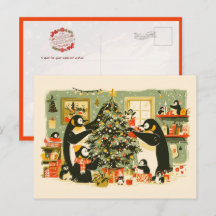 Penguin Family Decorating Christmas Tree Postcard