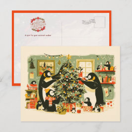 Penguin Family Decorating Christmas Tree Postcard Helg Vykort
