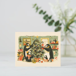 Penguin Family Decorating Christmas Tree Postcard Helg Vykort