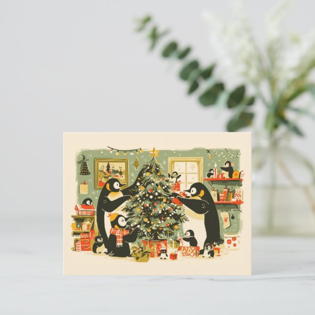 Penguin Family Decorating Christmas Tree Postcard Helg Vykort (Stående Fram)