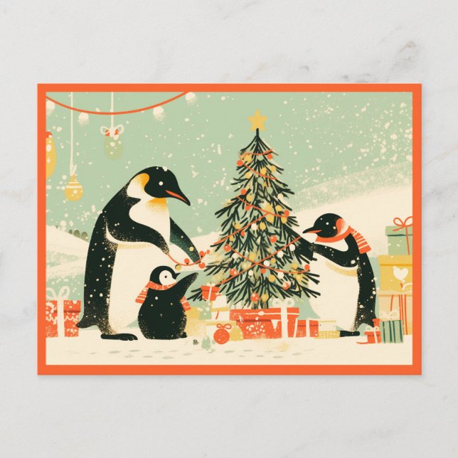 Penguin Family Decorating Christmas Tree Postcard Vykort (Framsida)