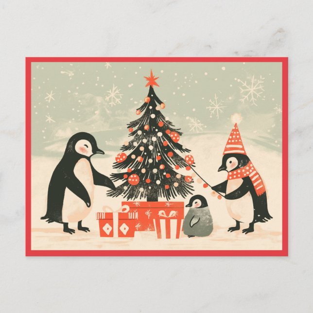 Penguin Family Decorating Christmas Tree Vykort (Framsida)