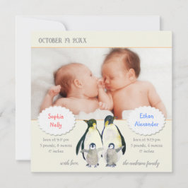 Penguin Family Photo Birth-meddelande för Twilling Meddelande
