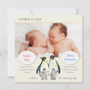Penguin Family Photo Birth-meddelande för Twilling Meddelande