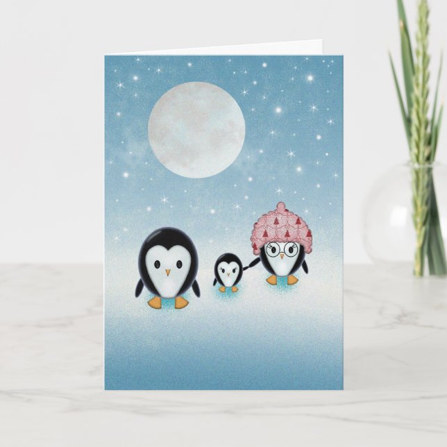 Penguin Family Starry Natt och Full Moon Helgkort (Framsida)