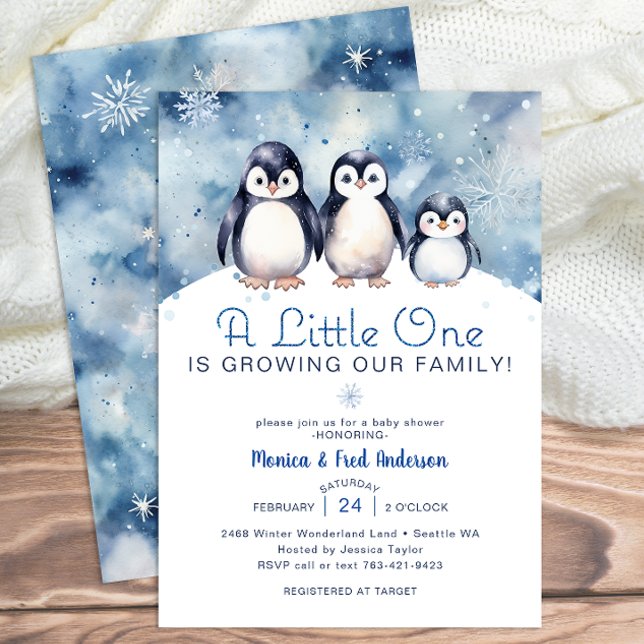 Penguin Family Winter Baby Shower Inbjudan (Penguin Family Baby Shower Invite)