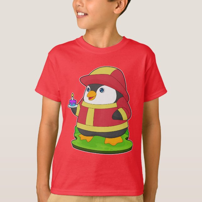 Penguin Firefighter Birthday Brandavdelning T Shirt (Framsida)
