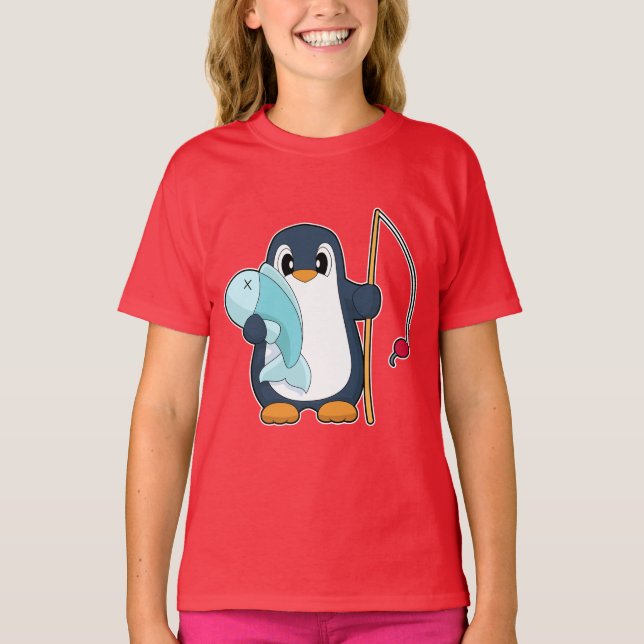Penguin Fisher Fish Fishing T Shirt (Framsida)