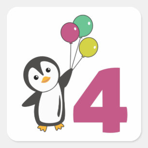 Penguin Fjärde födelsedagsblocket För barn Square Fyrkantigt Klistermärke
