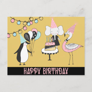 Penguin Flamingo Elephant Birthday Card Vykort